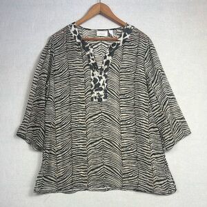 Chicos Size 2 (L/12) Sheer Tunic Top Blouse Coverup Contrasting Animal Print
